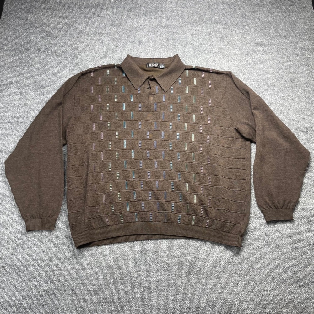 St. Croix Mens XXL Brown Wool Blend Knit Polo Sweater Long Sleeve Textured USA